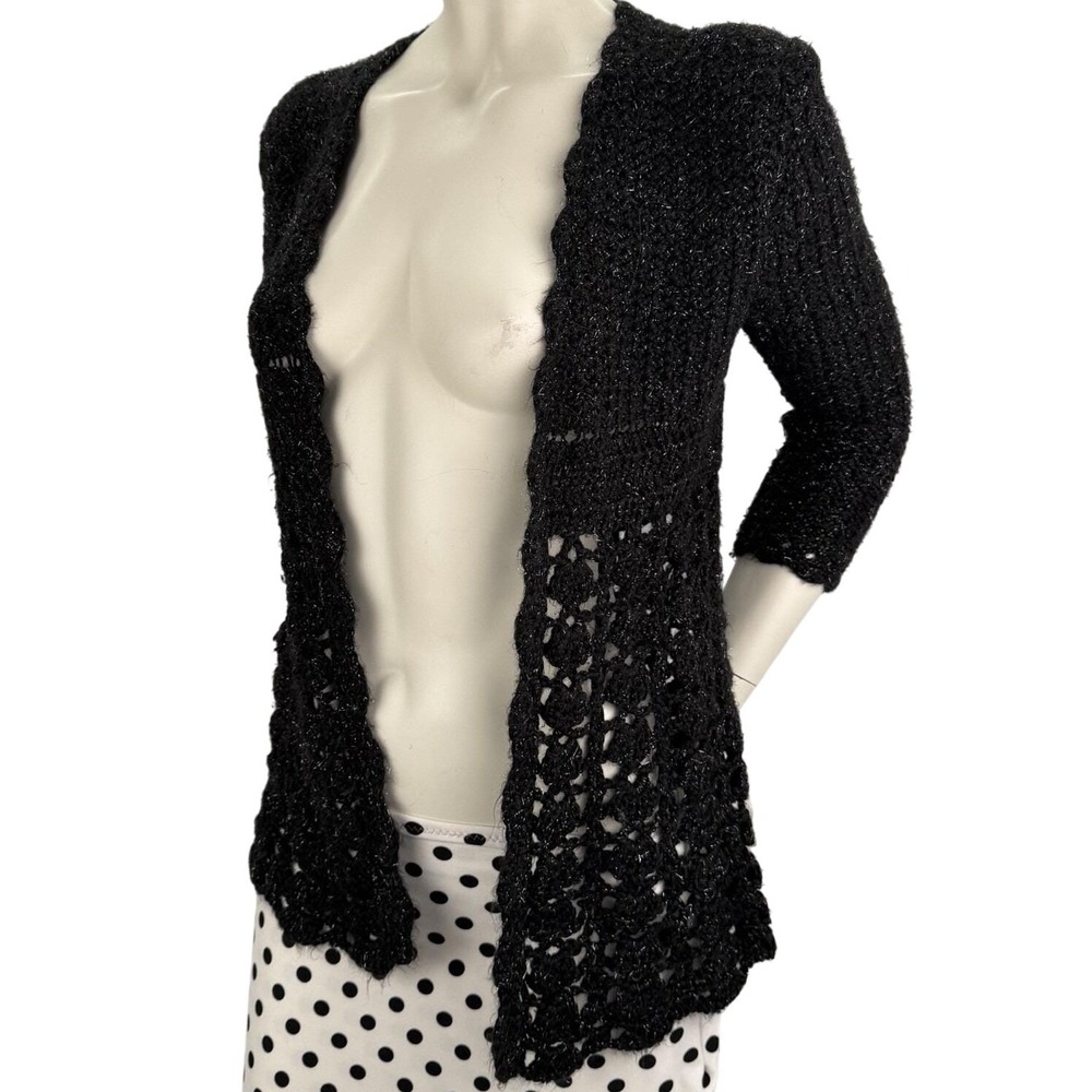 Black Vintage Crochet Cardigan 3/4 Sleeve Open Front Handmade Cottagecore Small